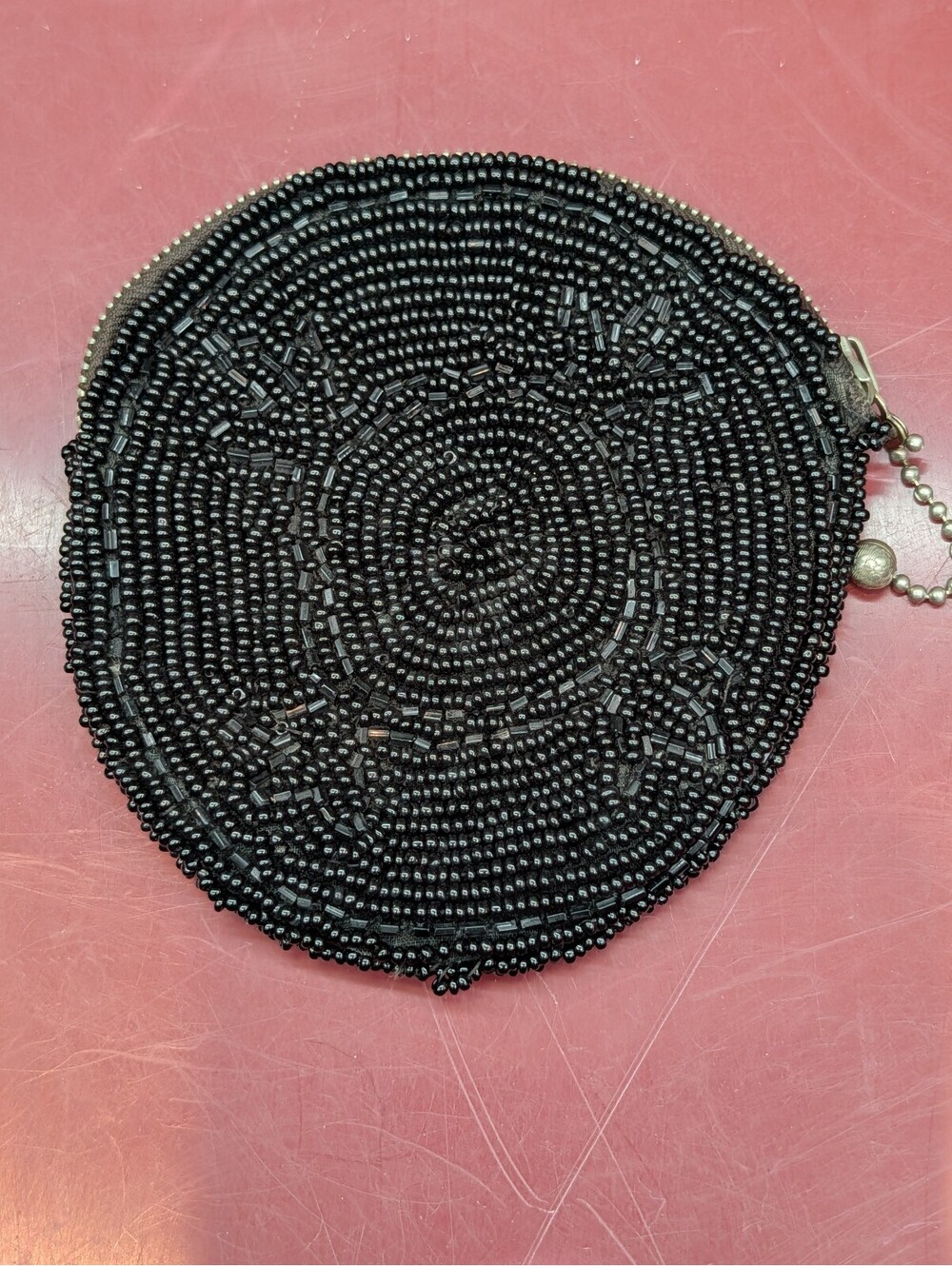 Antique 1920 Black Glass Micro Beaded Coin Purse Round Zipper Pouch Pat 1658392